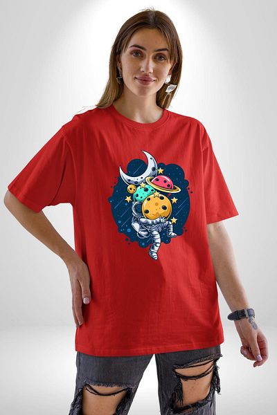 Angemiel Astronaut Carrying Planet Collecting Stars Adventure Red Oversize Women's Men's Front Printed T-Shirt