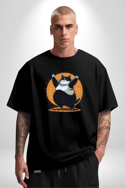 Angemiel Funny Fat Yoga Cat Black Oversize Women Men Front Printed T-Shirt