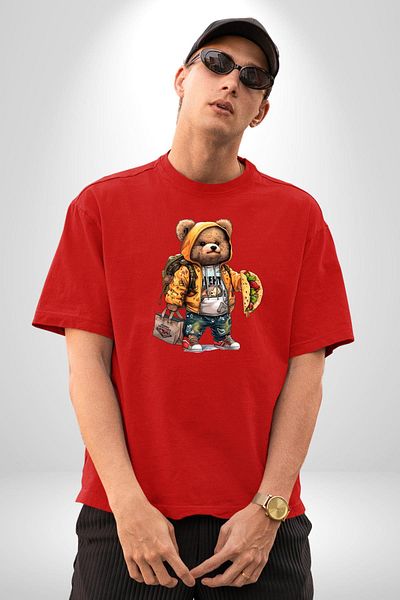 Angemiel Modern Style Backpack Teddy Bear Taco Teddy Red Oversize Women Men Front Printed T-Shirt