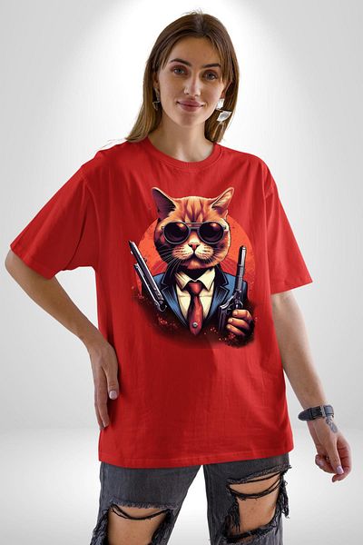 Angemiel Mafia Style Glasses  Cat Red Oversize Women's Men's Front Printed T-Shirt