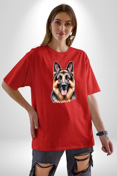 Angemiel Legendary German Shepherd Dog Love Dog Friendly Red Oversize Women's Men's Front Printed T-Shirt