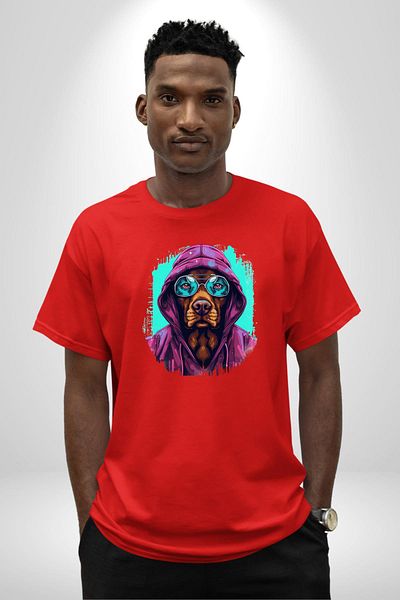 Angemiel Charismatic Dark Style Dog with Blue Glasses Red Oversize Women's Men's Front Printed T-Shirt