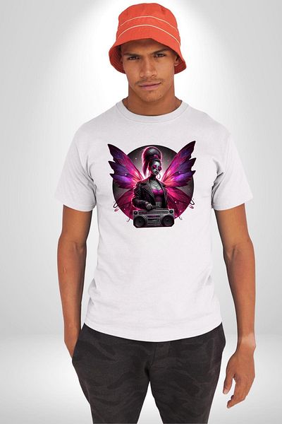 Angemiel White Oversize Women's Men's Front Printed T-Shirt with Red Fairy Glasses and Music Player