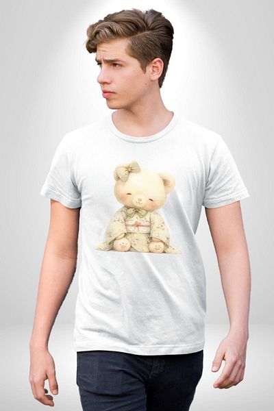 Angemiel تي شيرت مطبوع عليه زهور كريمية اللون مع كيمونو Sweet Teddy Bear أبيض كبير الحجم للنساء والرجال