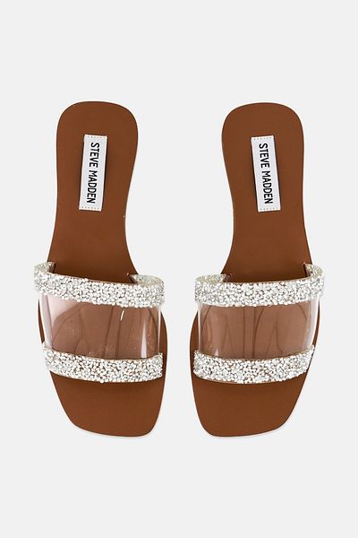 Steve Madden Women Gemi Rhine Stone Detail Slip On Flats, Transparent