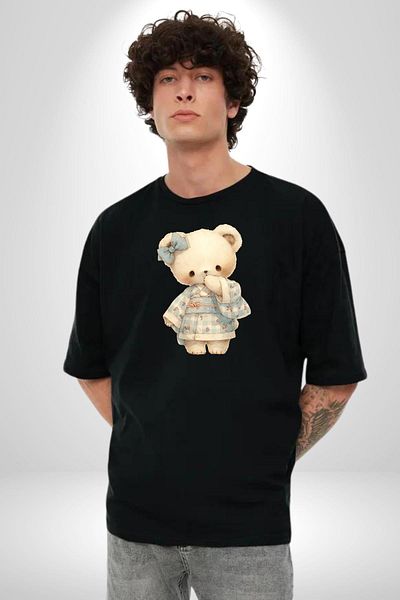 Angemiel Blue Square Patterned Teddy Bear Kawaii Style Black Oversize Women's Men's Front Printed T-Shirt