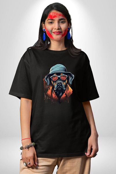 Angemiel Hat and Glasses Combination Secret Agent Style Dog Black Oversize Women's Men's Front Printed T-Shirt