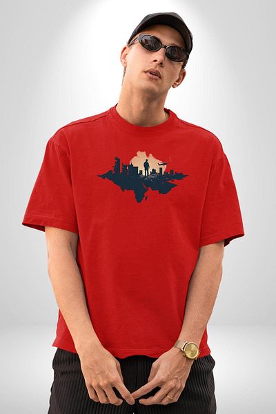 Angemiel City and Helicopter Themed Rescue Red Oversize Women's Men's Front Printed T-Shirt