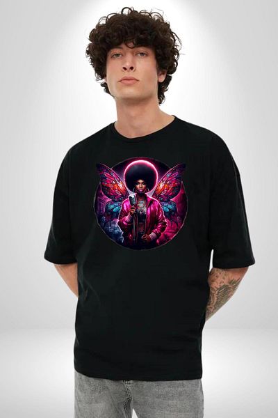 Angemiel Black Oversize Women's Men's Front Printed T-Shirt with Pink Shiny Wings