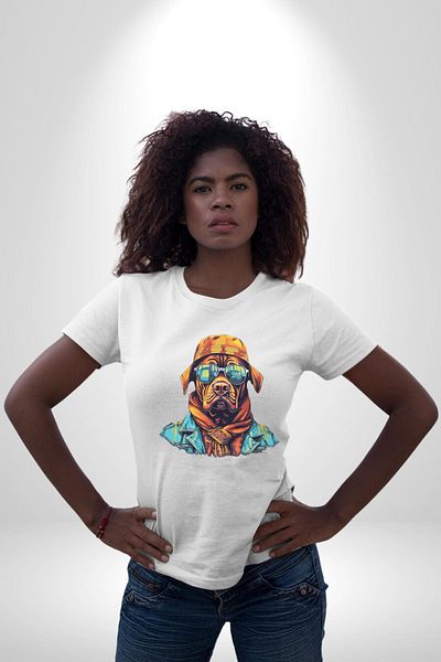Angemiel Cool Dog with Orange Bandana White Oversize Women's Men's Front Printed T-Shirt