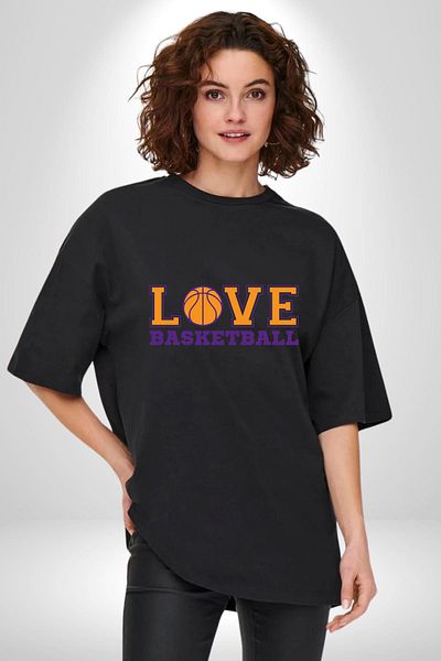 Angemiel Basketball Ball with Love Love Written Black Oversize Women's Men's Front Printed T-Shirt