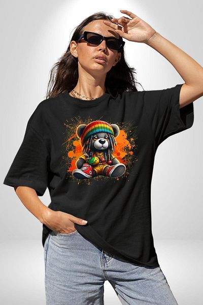 Angemiel Teddy Bear Bear Colorful Rasta Shoes Jumpsuit Black Oversize Women's Men's Front Printed T-Shirt