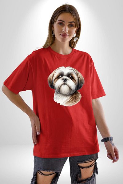 Angemiel Cheerful Shih Tzu Small Breed Dog Friendly Red Oversize Women's Men's Front Printed T-Shirt
