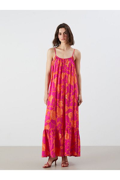 LC Waikiki Pink U-Neck Floral Strap Gathered A-Line Dress