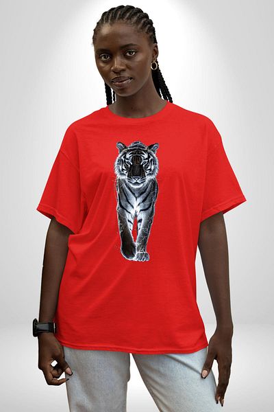 Angemiel Red Tiger Artistic Red Oversize Women's Men's Front Printed T-Shirt