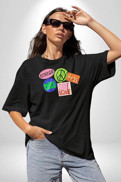 Angemiel Peace Positive Energy Stickers Black Oversize Women's Men's Front Printed T-Shirt