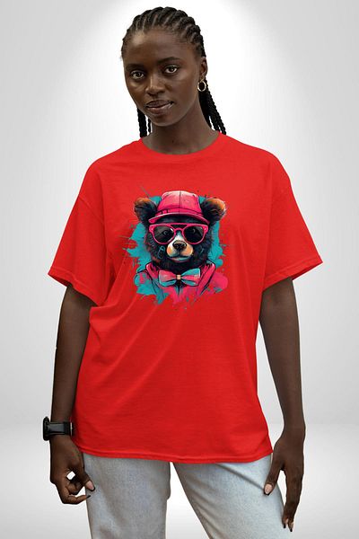 Angemiel Cool Bow Tie Bear Red Oversize Women's Men's Front Printed T-Shirt