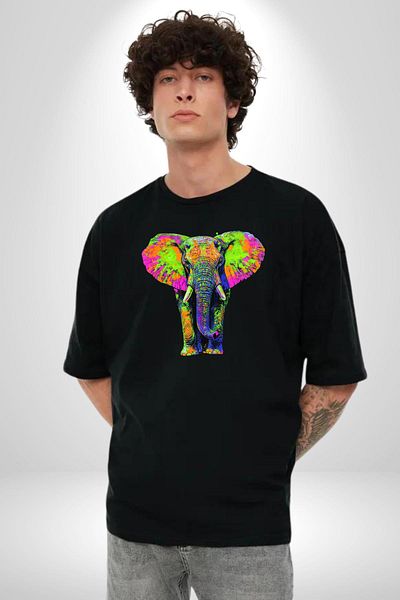 Angemiel Colorful Elephant Vibrant Color Modern Elephant Black Oversize Women's Men's Front Printed T-Shirt