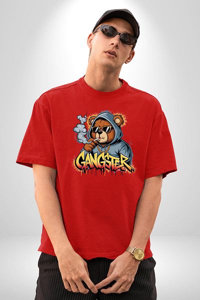 Angemiel  Bear Hoodie Hooded Bear Teddy Red Oversize Women Men Front Printed T-Shirt