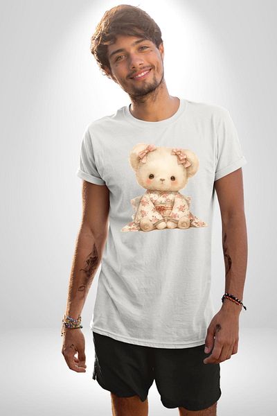 Angemiel Flower Patterned Kawaii Teddy Bear White Oversize Women's Men's Front Printed T-Shirt