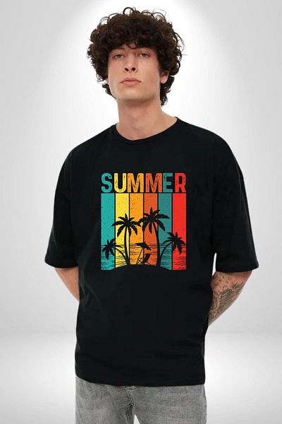 Angemiel Tropical Summer Themed Black Oversize Women's Men's Front Printed T-Shirt