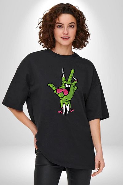 Angemiel Zombie Hand Screaming Hand Black Oversize Women Men Front Printed T-Shirt