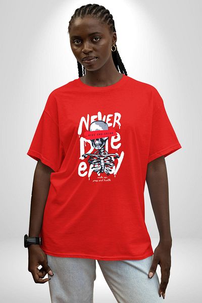 Angemiel Never Die Motivational Message and Creative Design Red Oversize Women's Men's Front Printed T-Shirt