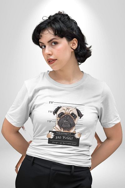 Angemiel تي شيرت مطبوع عليه وجه مجرم Pug Bad Dog للنساء والرجال باللون الأبيض مقاس كبير