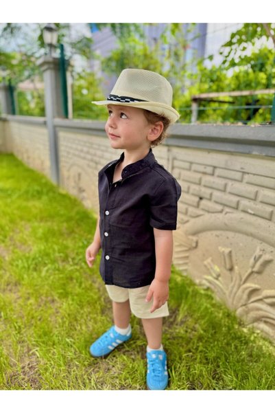 GÖKJOY BUTİK Premium Quality Hat Included 3-Piece Boy's Shirt and Shorts Suit