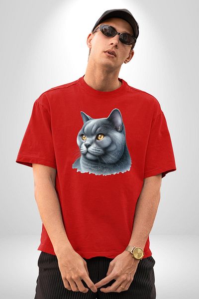 Angemiel British Shorthair Cat Red Oversize Women's Men's Front Printed T-Shirt