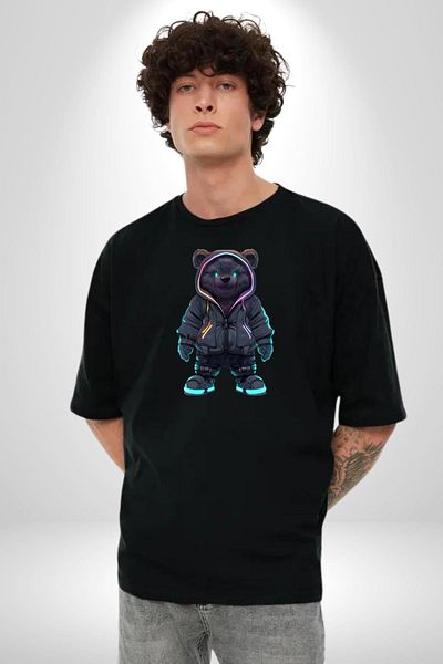 Angemiel Bright Neon Detailed Night Style Teddy Bear Black Oversize Women's Men's Front Printed T-Shirt