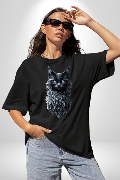 Angemiel Gothic Spirit Nature and Cat Black Oversize Women's Men's Front Printed T-Shirt