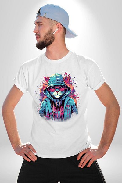 Angemiel تي شيرت مطبوع عليه Cool Graffiti Art Cat باللون الأبيض للنساء والرجال ذو الحجم الكبير