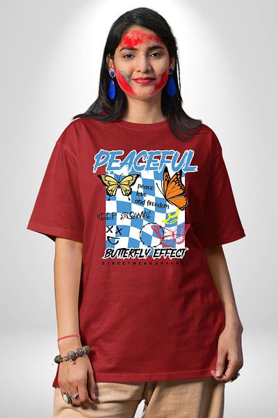 Angemiel Peace Love and Freedom Written Butterfly Style Red Oversize Women's Men's Front Printed T-Shirt