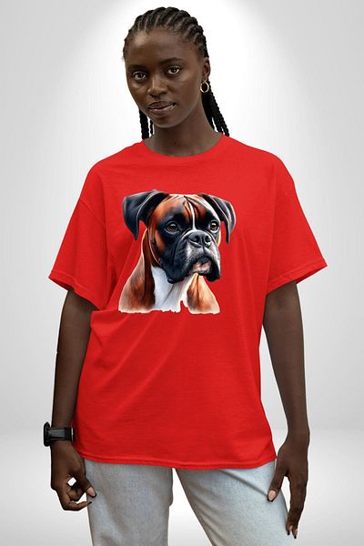 Angemiel Energetic Boxer Dog Design Red Oversize Women's Men's Front Printed T-Shirt