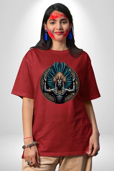Angemiel Shu Atmosphere God Figured Egyptian Red Oversize Women's Men's Front Printed T-Shirt