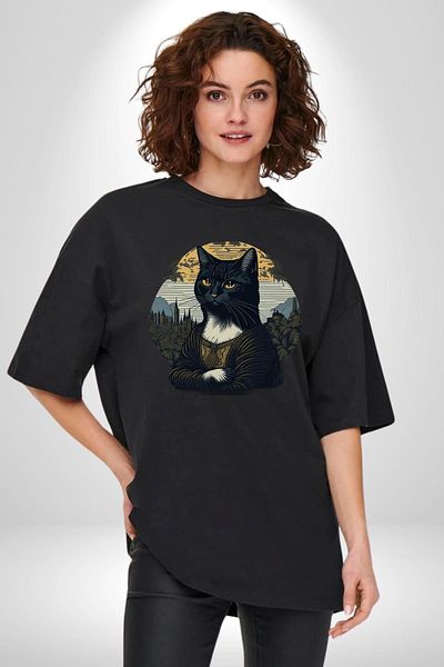 Angemiel Mona Lisa Imitation Cat Design Black Oversize Women's Men's Front Printed T-Shirt