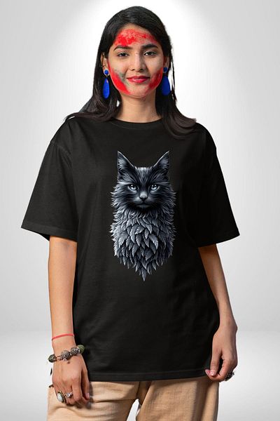 Angemiel Gothic Spirit Nature and Cat Black Oversize Women's Men's Front Printed T-Shirt