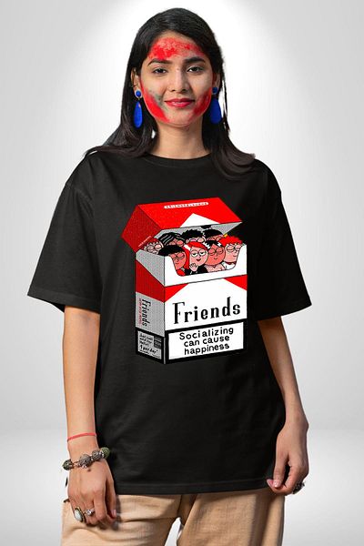 Angemiel Friendship and Happiness Themed Black Oversize Women's Men's Front Printed T-Shirt