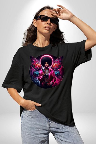 Angemiel Black Oversize Women's Men's Front Printed T-Shirt with Pink Shiny Wings
