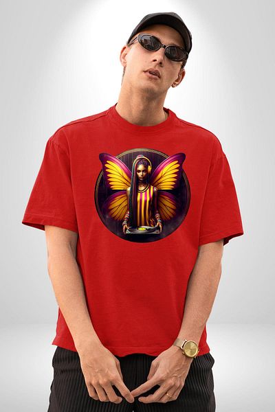 Angemiel Yellow Red Winged Butterfly Dj Fan Red Oversize Women Men Front Printed T-Shirt