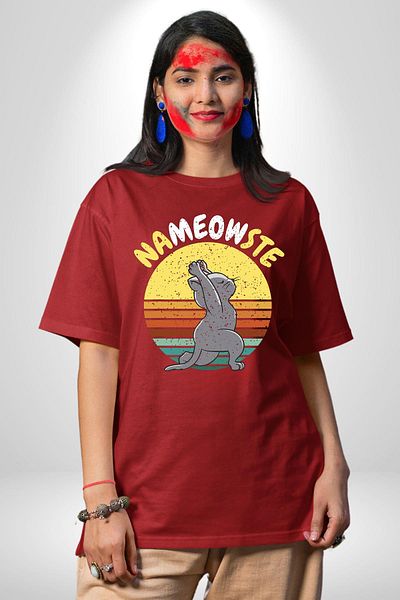 Angemiel Nameowste Yoga Design for Cat Lovers Red Oversize Women Men Front Printed T-Shirt