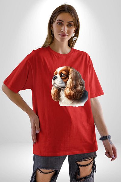 Angemiel Cavalier King Charles Spaniel Dog Design Red Oversize Women's Men's Front Printed T-Shirt
