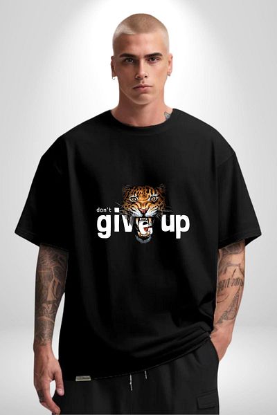 Angemiel Quit Printed Tiger Motivational Design Black Oversize Women's Men's Front Printed T-Shirt