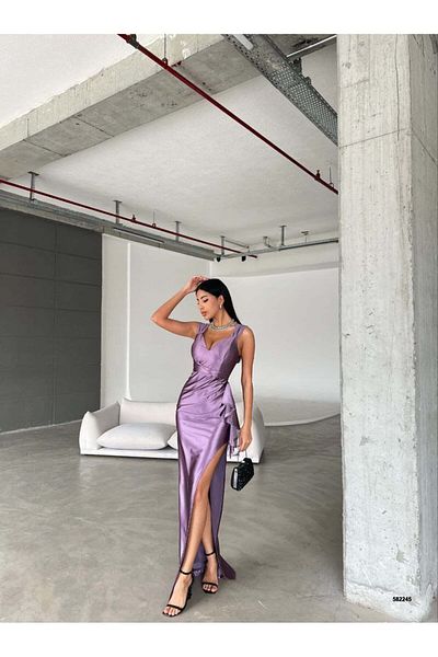 Trendusfashion Rochie de seară elegantă de damă, liliac, cu detaliu de fante