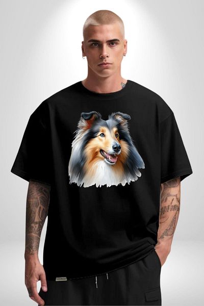 Angemiel Collie Elegant Clever Dog Black Oversize Women Men Front Printed T-Shirt