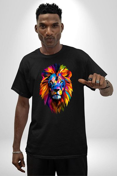 Angemiel Pop Art Lion Courage Themed Black Oversize Women's Men's Front Printed T-Shirt