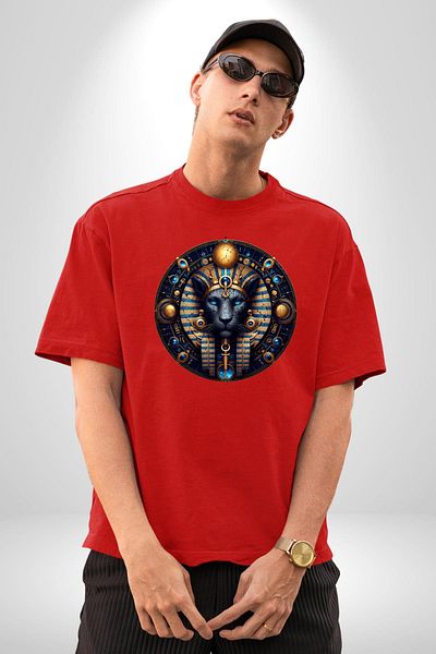 Angemiel Blue Lion Tefnut Moisture and Water Element Egyptian Red Oversize Women's Men's Pre-Printed T-Shirt