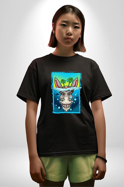 Angemiel Tropical Island Design with Donkey Summer Black Oversize Women's Men's Front Printed T-Shirt