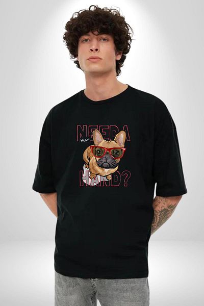 Angemiel Need a Hand Printed Funny and Cute Design Black Oversize Women's Men's Front Printed T-Shirt